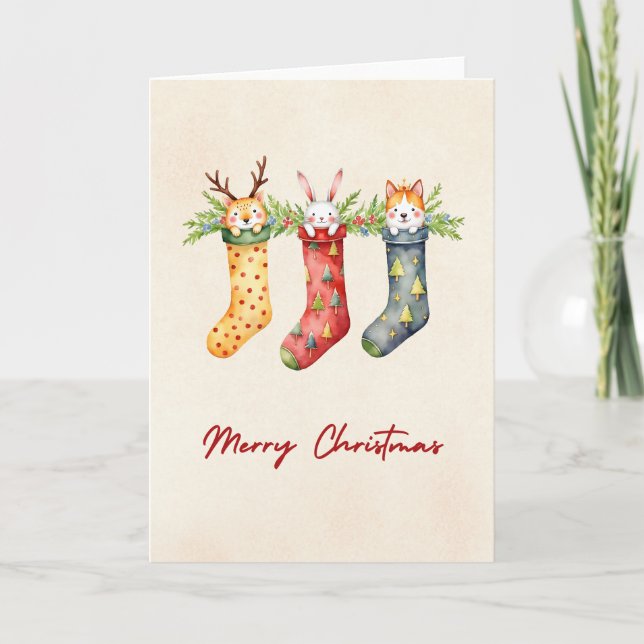 Animal Stockings Watercolor Christmas Card (Front)