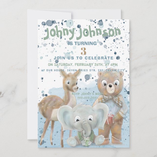 Animal themed baby boy birthday invitation (Front)