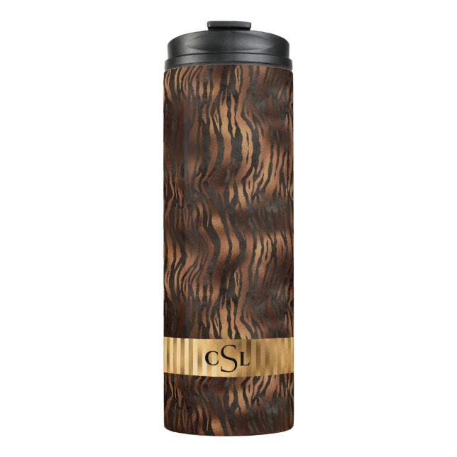 Animal Tiger Monogram Print Gold Elegant Metallic Thermal Tumbler (Front)