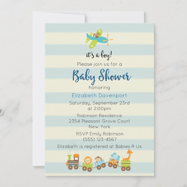 Animal Toy Train and Aeroplane Baby Boy Shower Invitation (Front)