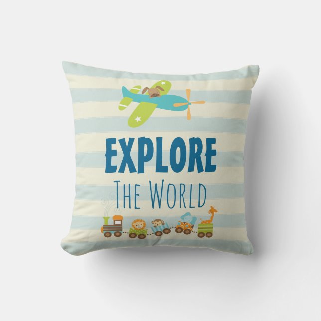 Animal Toy Train and Aeroplane Explore The World Cushion (Front)