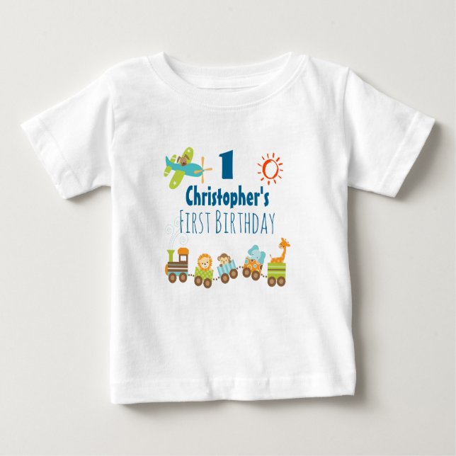 Animal Toy Train and Aeroplane First Birthday Baby T-Shirt (Front)