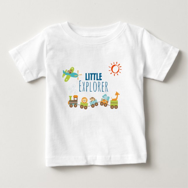 Animal Toy Train and Aeroplane Little Explorer Baby T-Shirt (Front)
