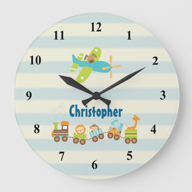 Animal Toy Train and Aeroplane on Stripes Large Clock (Front)