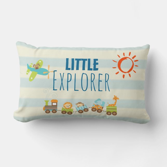 Animal Toy Train and Aeroplane on Stripes Lumbar Cushion (Front)