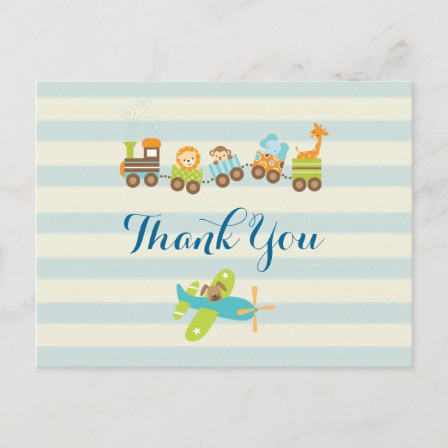 Animal Toy Train and Aeroplane on Stripes Thank Yo Postcard (Front)