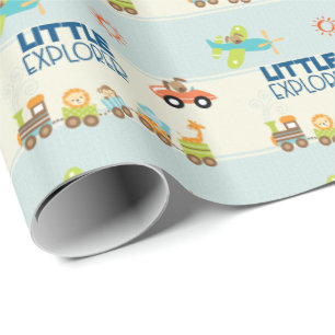 Animal Toy Train Car and Aeroplane on Stripes Wrapping Paper