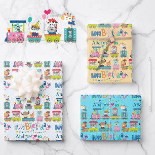 Animal Train Personalise Name Boy's Birthday 3 Wrapping Paper Sheet