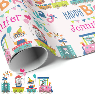 Animal Train Personalise Name Girls Birthday Wrapping Paper
