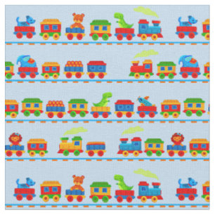 Animal Train Red Blue Green Yellow on light blue Fabric