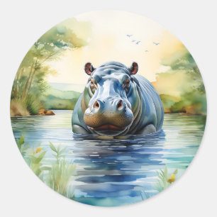 Animal Watercolor Hippopotamus Classic Round Sticker