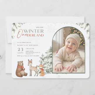 Animal Winter Onederland Arch Photo First Birthday Invitation