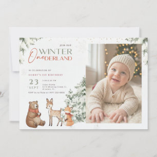 Animal Winter Onederland Kid Photo 1st Birthday Invitation