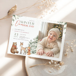 Animal Winter Onederland Kid Photo 1st Birthday Invitation