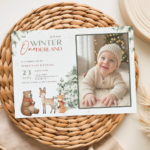Animal Winter Onederland Kid Photo First Birthday Invitation