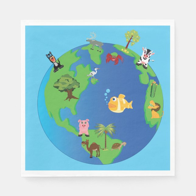 Animal World Map Cute Wildlife Illustration  Napkin (Front)