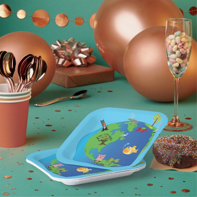 Animal World Map Cute Wildlife Illustration  Paper Plate (Creator Uploaded)