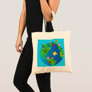 Animal World Map Cute Wildlife Illustration Tote Bag
