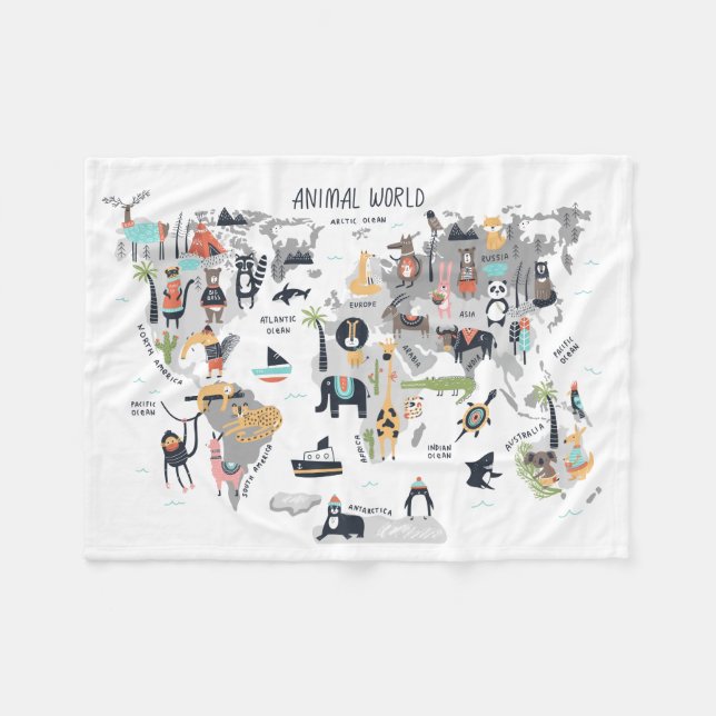 Animal World Map Fleece Blanket (Front (Horizontal))