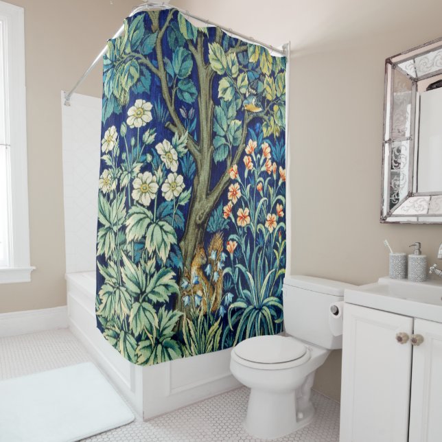 Animals and Flowers, Forest, William Morris Shower Curtain (In Situ)