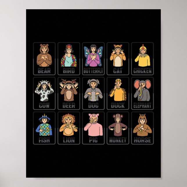 Animals ASL Hand Gesture Animals Deaf Hearing Loss Poster (Front)