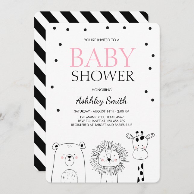 Animals Baby shower invite Zoo Safari Pink Modern (Front/Back)