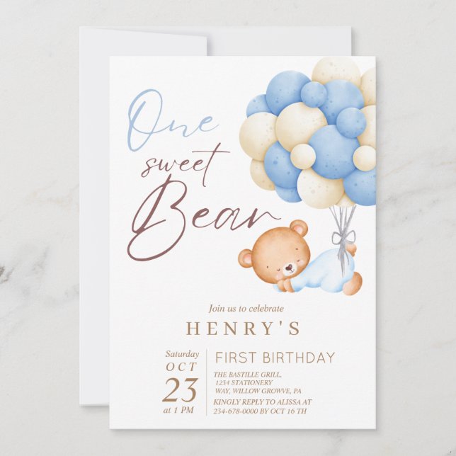 Animals Bear Pastel Boy 1st Birthday Party Invitation (Front)