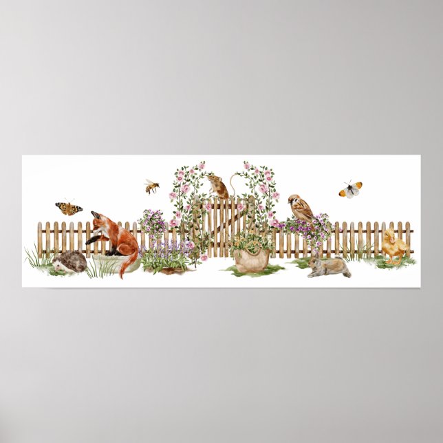 Animals Birds Bee Picket Fence Floral Garden  Poster (Front)