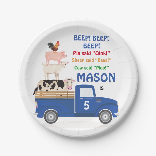 Animals Blue Truck Birthday Paper Plate (Front)