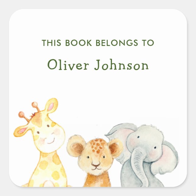 Animals boys 'This Book Belongs' Kids Bookplate Square Sticker (Front)