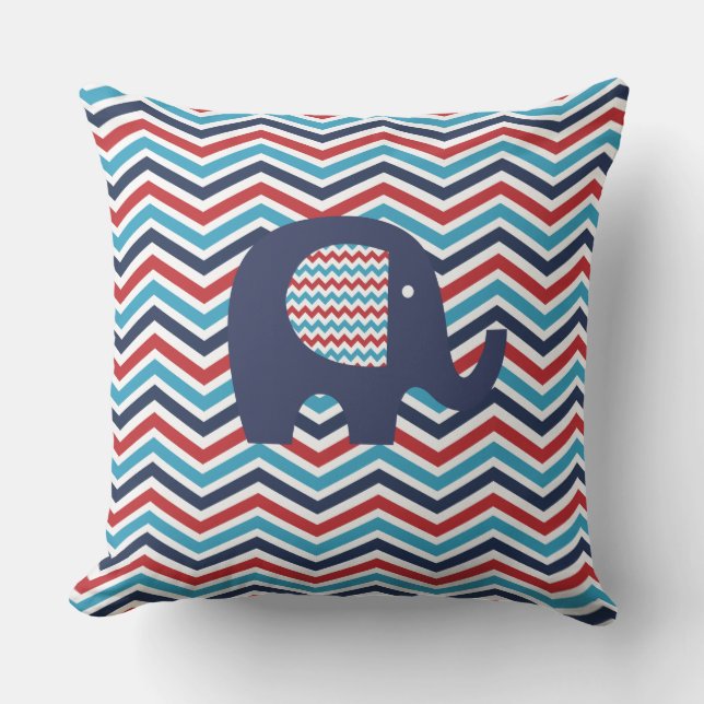 Animals Elephant Red White Blue Chevron Stripe Outdoor Cushion (Front)
