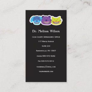 Animals in Braces Orthodontist Black Vertical Business Card