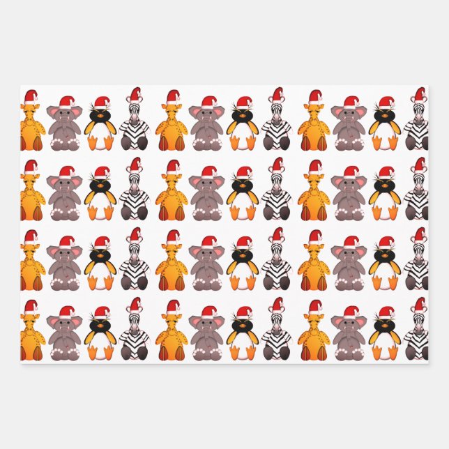 ANIMALS IN Santa hat GIFT WRAPPING SET OF 3 Paper Sheet (Front)