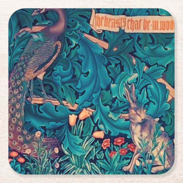 Animals in The Forest, William Morris Square Paper Coaster (Front)