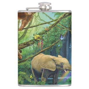Animals living together throw pillow hip flask