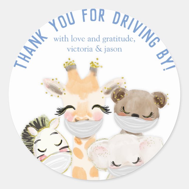 Animals Masks Covid Drive By Baby Shower Stickers (Front)
