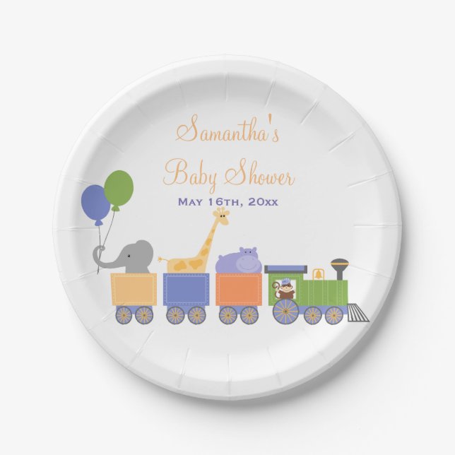 Animals On A Train Baby Shower Paper Plate (Front)