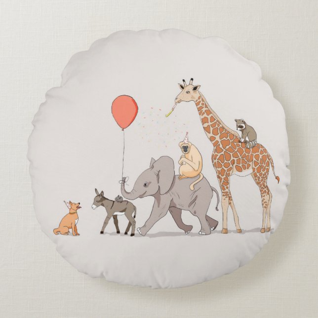 Animals party cute nursery art birthday dog  throw round cushion (Front)