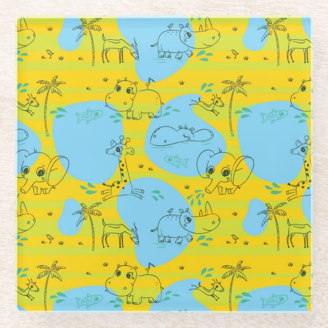 Animals playing baby pattern background glass coaster (Front)