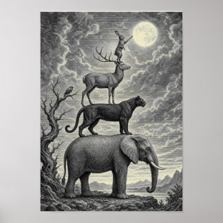 Animals Reaching the Moon Poster