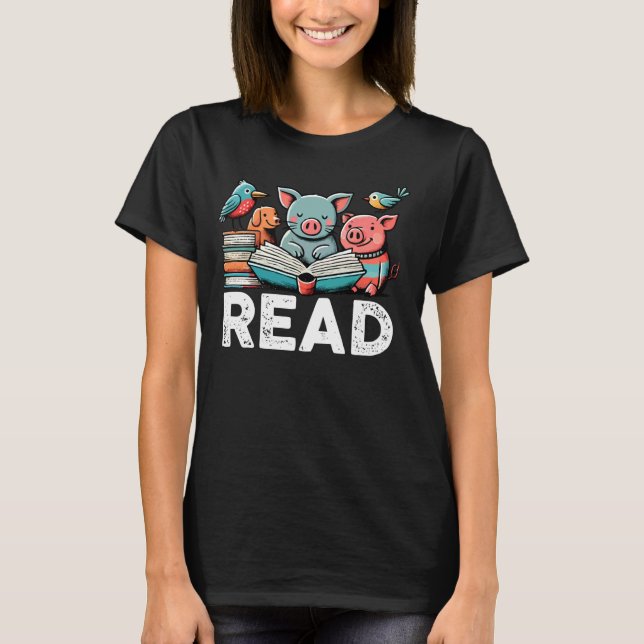 Animals Read Book School Librarian Reading Book Lo T-Shirt (Front)