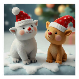animals sitting in front of a christmas tree poster