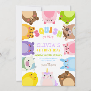 Animals Squish On Over rainbow  Birthday party Invitation