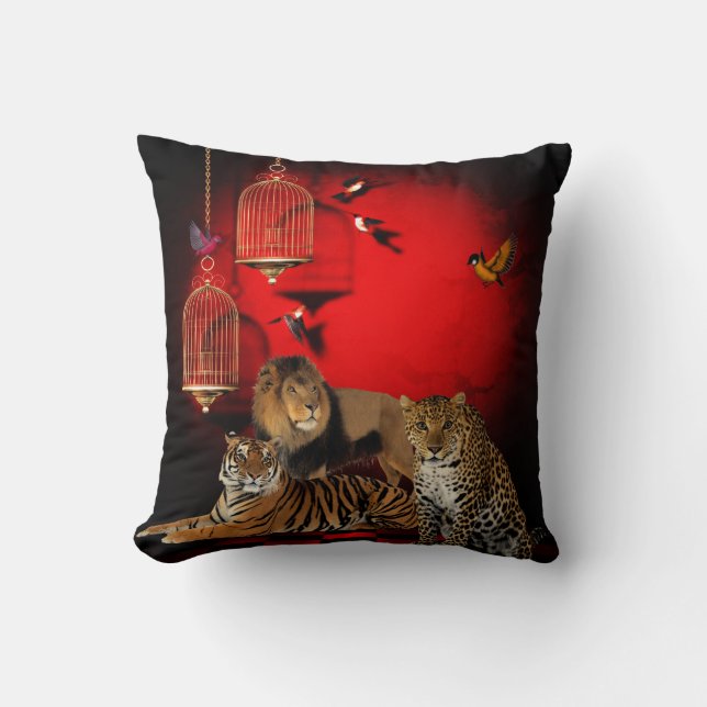 Animals Tiger Leopard Lion Birds Red Print Cushion (Front)