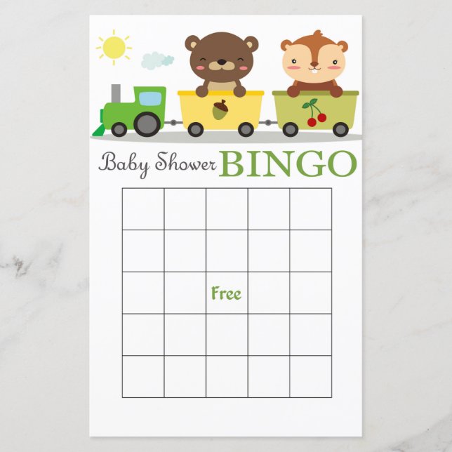 Animals train baby shower bingo card (Front)