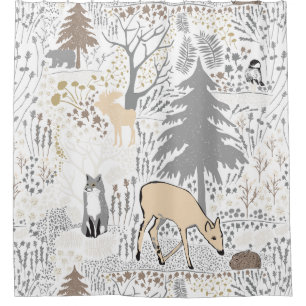 Animals Winter Forest Grey Neutrals Woodland Decor Shower Curtain
