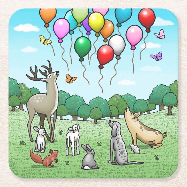 Animals with Birthday Balloons Square Paper Coaster (Front)