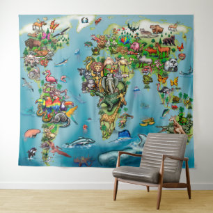 Animals World Map Tapestry