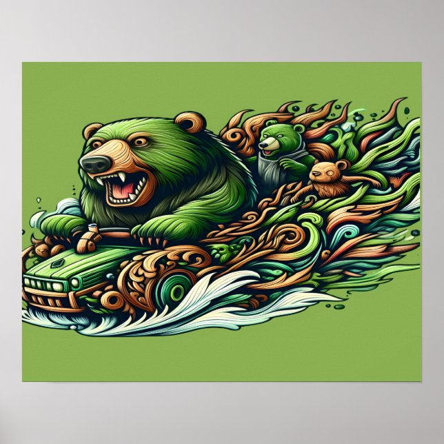 Animated Bears Riding a Green Car in a Vibra 16x20 Poster (Front)