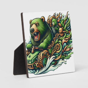 Animated Bears Riding a Green Car Plaque
